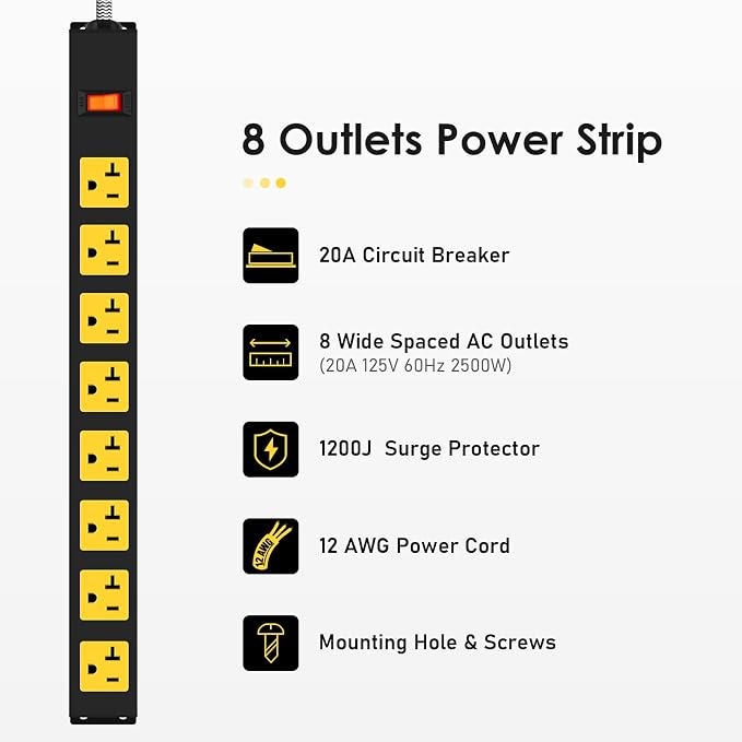 20Amp Power Strip Surge Protector, Long Metal 8-Outlets with Heavy Duty 20 amp 6Ft 12 Gauge Extension Cord for Garage Workshop & Industrial Use, 1200J