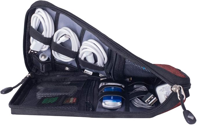 Travel Cable Organizer Bag Waterproof Portable Electronic Accessories Organizer for USB Cable Cord Phone Charger Headset Wire SD Card with 5pcs Cable Ties(Red)