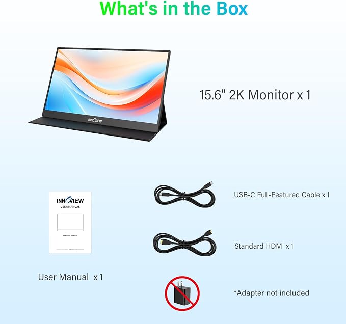 InnoView 2K Portable Monitor for Laptop 15.6" QHD 100% sRGB with Protective Sleeve, Built-in Speaker USB C Standard HDMI Ultra-Slim Travel Monitor for Laptop MacBook Phone PS5 Xbox Switch