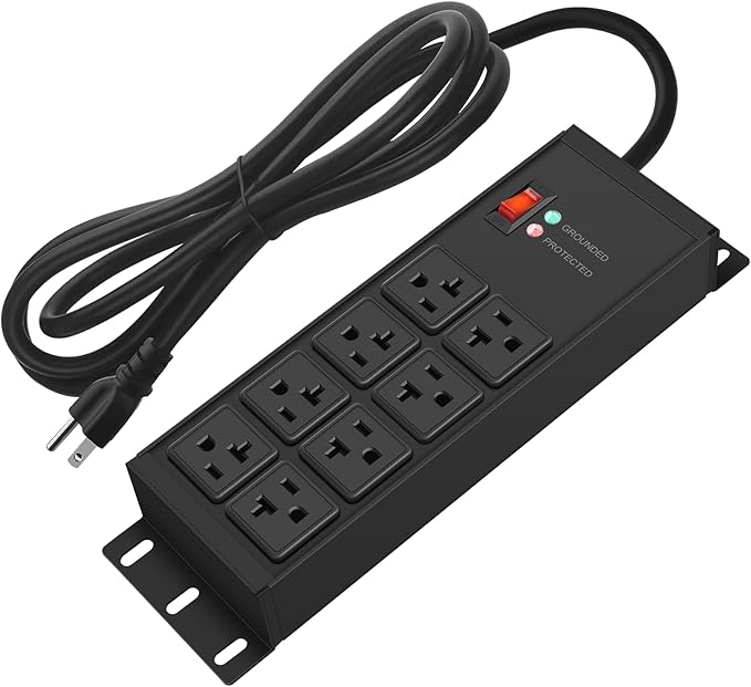 CCCEI Heavy Duty Power Strip Surge Protector 20 AMP Switch, 12 Gauge Extension Cord with Multiple Outlets, Industrial, Shop, Garage High Amp Wall Mount Electric Extender. 15FT, Black.