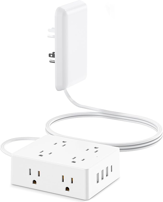 Flat Extension Cord with Outlet Cover, Olcorife Flat Plug Power Strip with 8 Outlets and 4 USB Ports, 2000 Joules Surge Protector, 5 FT Cord Hidden Outlet Extender for Tight Spaces
