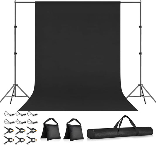 10×7FT Black Backdrop with Stand Kit, 6×9FT Black Screen Background with Photography Stand, 6 Clamps and Carrying Bag for Photo Shoot, Video Recording, Streaming, Decoration