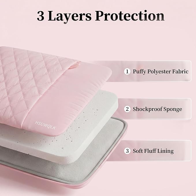 Laptop Case 13.3 inch,13-13.3 inch Puffy Laptop Sleeve Bag Compatible with MacBook Neo 13/Air 13 13.6/Pro 13/Pro 14,Square Quilted Bag with Vertical&Back Horizontal Pockets&Handle&Belt, Pink