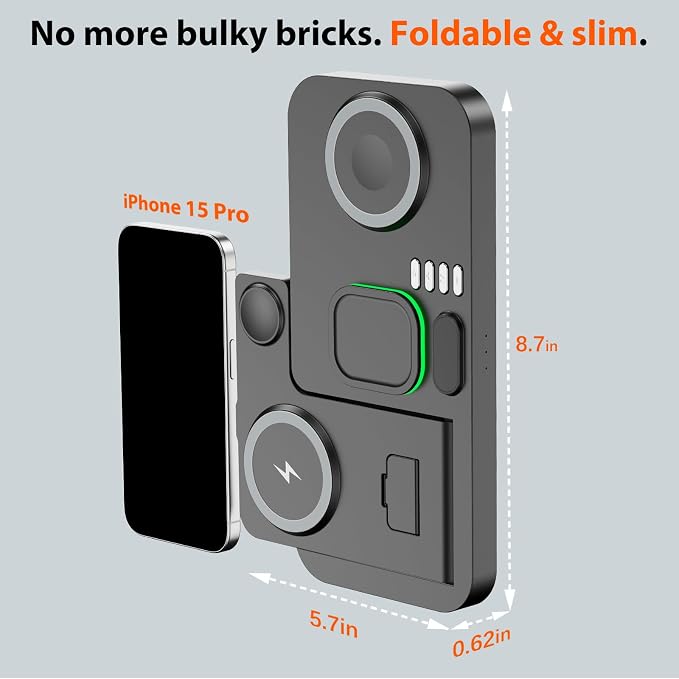 Dual Phone Magnetic Wireless Charging Station for Apple Devices/Apple Ecosystem, 7-Color Auto Light & 12H Clock, Multi-Device Charger for iPhone 17/16/15, for iWatch 11/10/9 & AirPods Pro3(Black