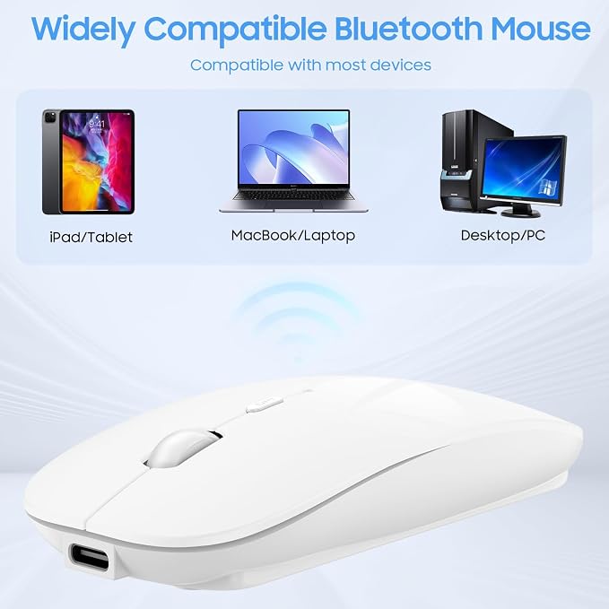 SUNGI Bluetooth Mouse for Laptop/MacBook/iPad/Android PC,Rechargable Quiet Slim Wireless Mice Compatible with Windows/Linux/Tablet,White
