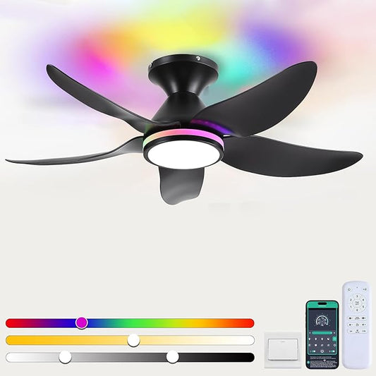Kviflon Ceiling Fans with Lights Remote/APP Control, 38" Low Profile Ceiling Fans with Dimmable White Colors+ RGB Ring Lights, 6 Speeds 5 Reversible Blades for Kids Room Bedroom Living Room, Black