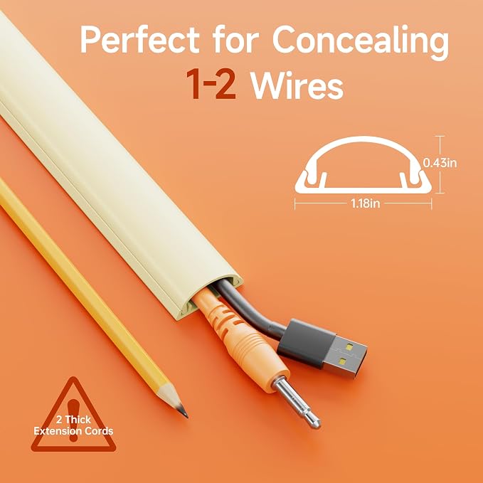 Delamu 85in Adhesive Cord Hider Wall, Mounted TV Cord Cover Kit, Multiple Cable Raceways for Wall Corner, Wire Cover Hiders for 1-2 Cables, 1.18" W X 0.43" H, Beige