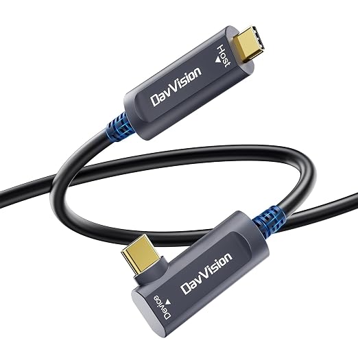 USB C Fiber Optic Cable Right Angle 50 FT, 10Gbps USB 3.2 Gen2 Active USB C Cable(No Power), Ultra Slim & Long Distance for Business Solution,Logitech 4K Camera,VR/AR,Video Conference