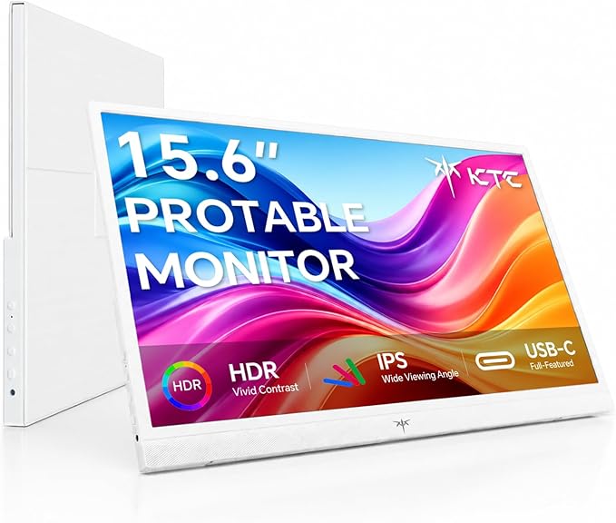 KTC Portable Monitor 15.6 Inch, 1080P FHD USB-C HDMI Laptop Screen for Laptop Phone Mac PS5 Xbox Switch, IPS HDR Travel Second Screen Monitor Extender with Speakers, White, H15F8