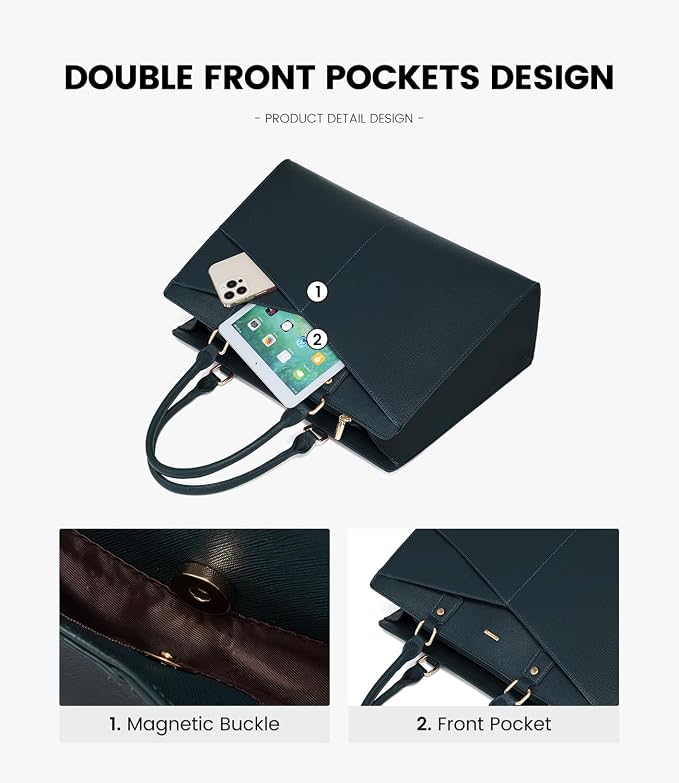 LOVEVOOK Laptop Tote Bag for Women, Leather Business Office Work Bag Computer Briefcase with Small Clutch fit for 15.6 Inch Laptop Green