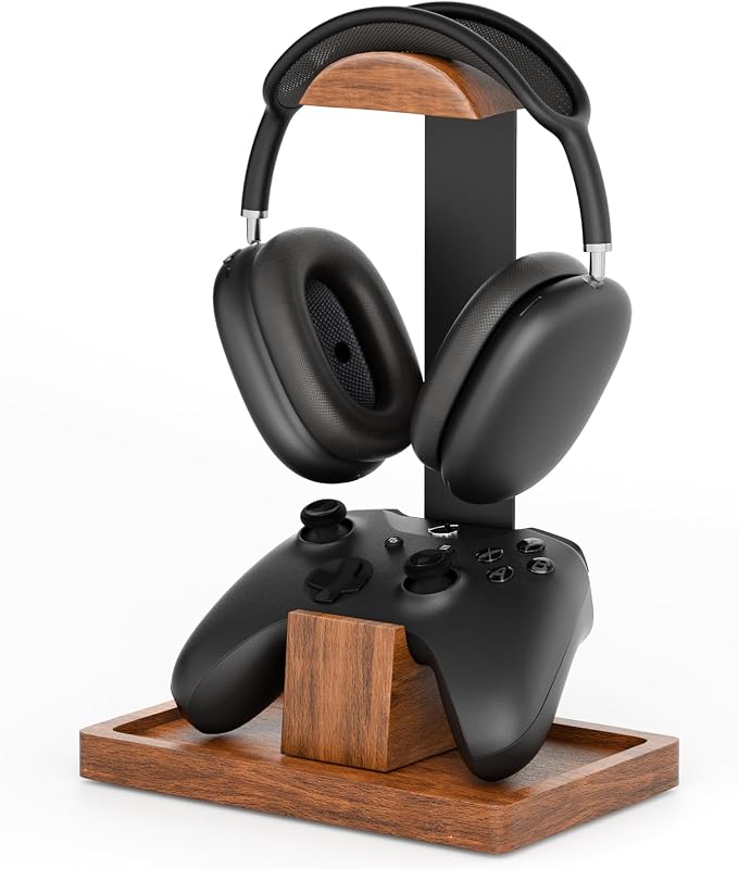 Headphone Stand and Controller Holder, 2-in-1 Walnut Wood Gaming Desk Organizer Compatible with Controllers, Display Mount for AirPods Max, Bose, Sennheiser, Gift for Gamers