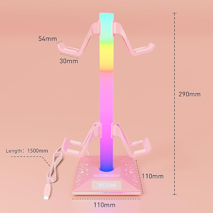 VCOM RGB Gaming Headphones Stand with 2 USB Ports, Pink Headset Stand with 10 Light Modes and Non-Slip Rubber, Suitable for PC Desk Accessories Gamers Gift(Pink)