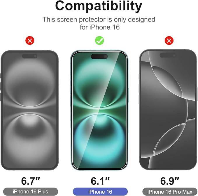 NEW'C 3x for iPhone 16 Screen Protector (6.1 inches)+ 3x Camera Lens Protector, Sensor Protection, Case Friendly Tempered Glass Film + Dust Plug- Easy installation tool include