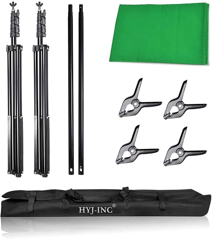 HYJ-INC Photo Video Studio 10 x12ft 100% Cotton Muslin Chromakey Green Screen Backdrop with 8.5 x 10ft Stand Photography Background Support System Kit Clamp, Carry Bag
