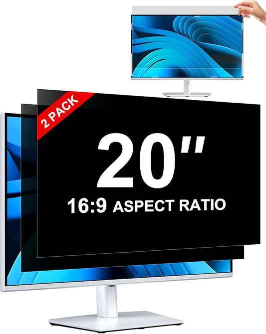[2-Pack] Privacy Screen For Computer Monitor, 20-Inch 16:9 Aspect Ratio; Anti Spy/Bule Light/Glare And Eye Protection, 2 Install Ways Removable For Office, Airport, Cafe And Other Public Area; Diagonal 20 Inches, Width 17.43 Inches, Height 9.81 Inches