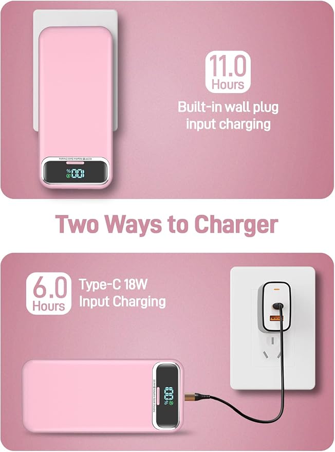 Portable Charger, 20000mAh 22.5W Fast Charging Power Bank with Built-in Cables & Wall Plug, Travel Essential External Battery Pack with LED Display, USB C Battery Phone Charger for iPhone Samsung Pink