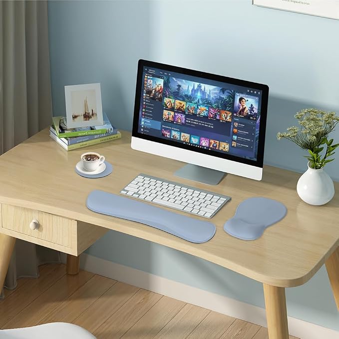 RICHEN Wrist Rest Support for Mouse Pad&Keyboard Set with Coaster,Concave Curved Memory Foam, Non-Slip Base Pain Relief Comfortable Easy Typing Pad for Home/Office (Light Blue)