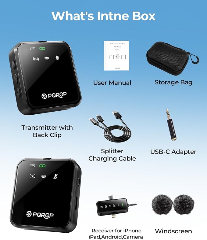 PQRQP 3 in 1 Wireless Mini Microphone for iPhone, Android, Camera,328ft Range, 18H Battery Life,High-Fidelity Audio Clip on Mic for Content Creators-Soot Black