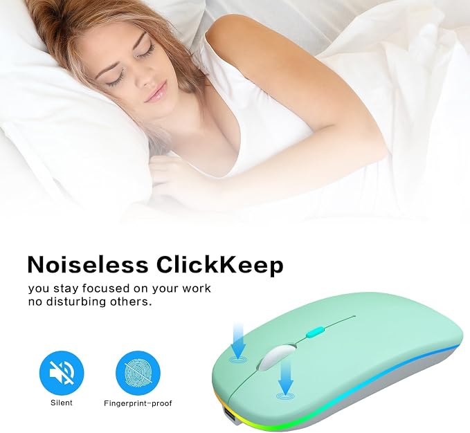 AIKOKOK Wireless Bluetooth Mouse, Rechargeable, Dual Mode Bluetooth 5.2 & 2.4G USB, LED Lights, Slim, Silent, Portable Computer Mouse for Laptop, PC, MacBook, iPad, Tablet (Green)