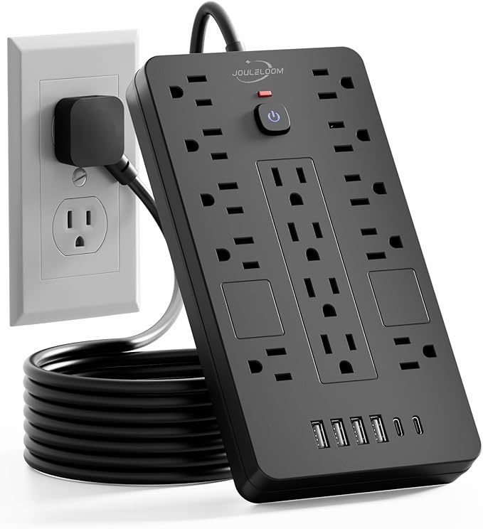 JouleLoom 2 Pack Surge Protector Power Strip-14 Outlets and 6 USB Ports, 6 Feet Flat Plug Extension Cord, 1850 Joules, Black, ETL Listed for Home, Office, Dorm Room