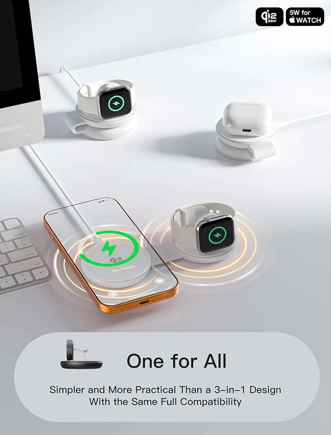 2 in 1 Magnetic Wireless Charger, Qi2 25W Fast Charging Travel Station Pad Compatible with MagSafe for iPhone Air/17/16/15/14/13/12, 5W for Apple Watch, AirPods 4/3/2/Pro with 30W Adapter (White)
