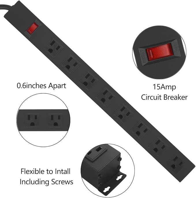 HHSOET Metal 8 Outlet Mountable Power Strip, Wall Mount Outlet Heavy Duty, Wide Spaced Commercial Shop Power Strip with Switch, 15A 125V 1875W, 4 FT SJT 14AWG Power Cord.(Black)