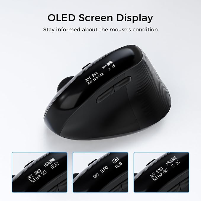 Wireless Ergonomic Mouse with Screen，Bluetooth Vertical Mouse Rechargeable, Quiet Clicks, USB Ergo Design Cordless Mice Compatible for Windows, PC, Laptop, Mac OS, Black