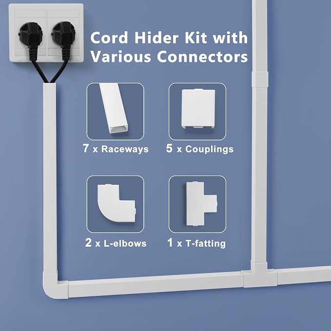 ZhiYo Cord Hider Kit, Cord Covers for Wires on Wall, Self-Adhesive Cable Raceway, TV Cord Hider for Wall Mounted TV, Paintable Cable Management Cover Kit, 7X L14in x W0.95in x H0.55in, White