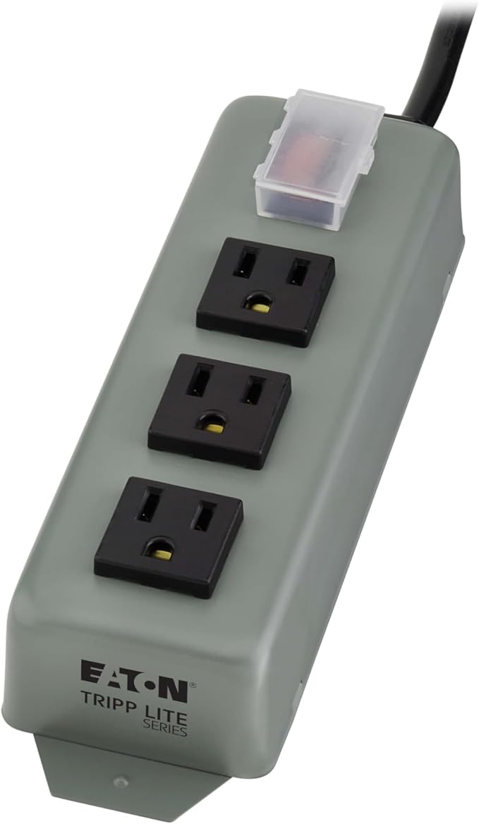 Eaton Tripp Lite Series 3-Outlet Heavy Duty Power Strip, Metal, Mountable (Wall Mount & Under Desk), 9ft Extension Cord, On/Off Switch Cover, Industrial Garage Shop Work Bench Applications (3SP9)