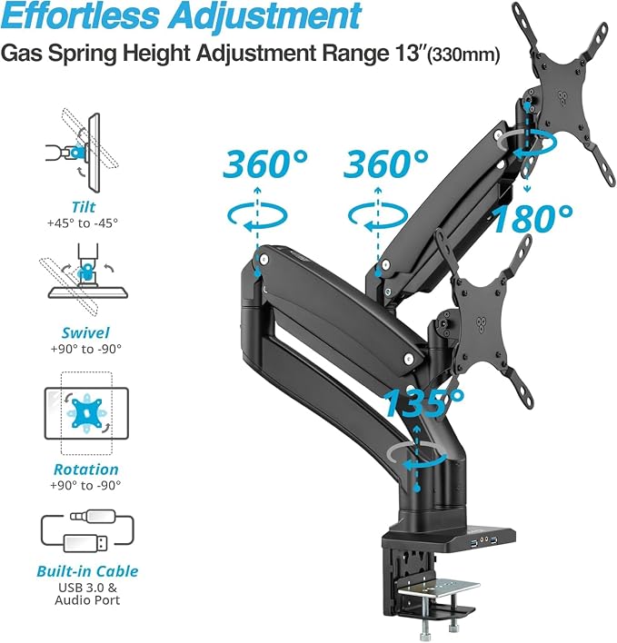 AVLT Dual Monitor Arm Desk Mount for 13"–43" Flat/Curved Screens with USB-A Pass-Through, Full Motion Height Adjustable Swivel Tilt Rotation VESA/C-Clamp/Grommet/Cable Management, Black