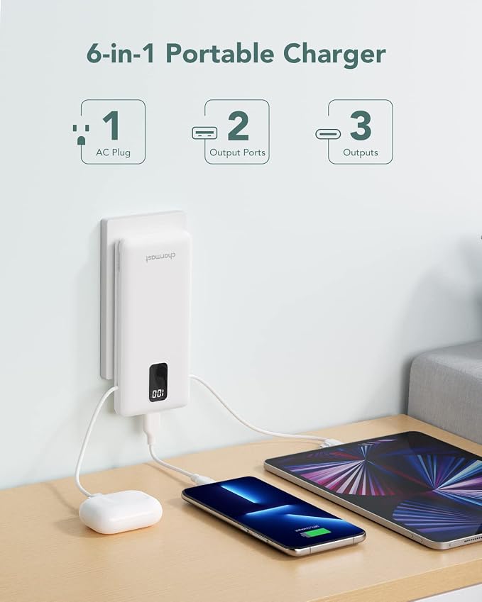 charmast Portable Charger with Built-in Cables and Wall Plug, 10000mAh USB C Portable Power Bank, Potable Phone Charger, Travel Essentials Compatible with iPhones, Samsung Galaxy, iPad