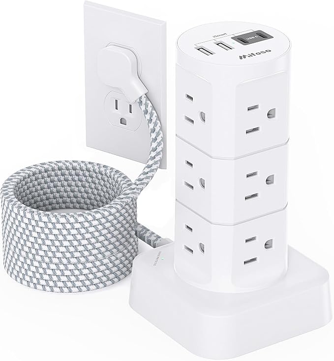 Surge Protector Power Strip Tower, 10FT Extension Cord with Multiple Outlets(12 AC Outlets), Slim Flat Plug, 1875W/15A Overload Protection, Office Desk Supplies, Dorm Room Essentials