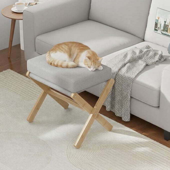 BAMBOOHOMIE Foldable Foot Stool Ottoman, Modern Foot Rest with Bamboo X Legs & Thick Foam Cushion, Folding Foot Stools Small Padded for Bedroom Living Room, Footstool for Chair Couch (Natural - Grey)