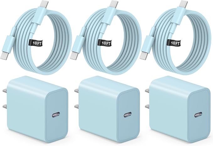iPhone 17 16 15 Fast Charging 10FT Long USB C Charger Type C Charger 3 Pack Fast Charger USB C for iPhone 17/17 Plus/17 Pro/17 Pro Max/16/16 Plus/16 Pro/16 Pro Max/15/15 Pro Max,iPad Pro,Samsung(Blue