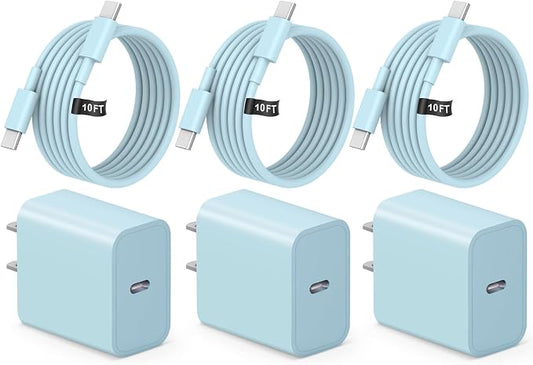 iPhone 17 16 15 Fast Charging 10FT Long USB C Charger Type C Charger 3 Pack Fast Charger USB C for iPhone 17/17 Plus/17 Pro/17 Pro Max/16/16 Plus/16 Pro/16 Pro Max/15/15 Pro Max,iPad Pro,Samsung(Blue