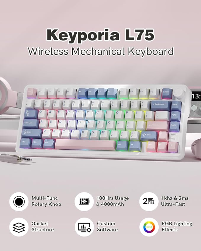 L75 75% Mechanical Keyboard, Wireless Gaming Keyboard with Multifunction Knob, Creamy Gasket Structure, Hot Swap, RGB Backlight, PBT Keycap, Custom Driver, Compact Layout for Win/Mac/PC