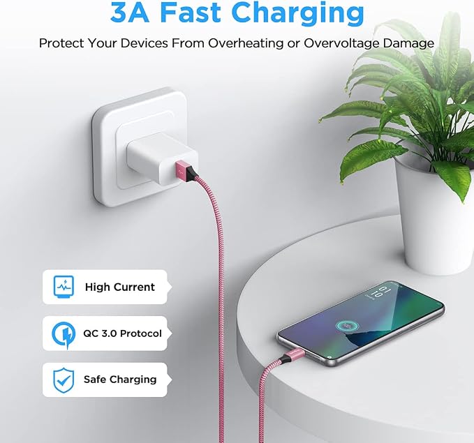 etguuds USB to USB C Cable 2ft, 2-Pack USB A to Type C Charger Cord Fast Charging for Samsung Galaxy A17 A16 A15 A26 A36 A56, S25 S24 S23 S22 S21 S20 S10 Note 20, for iPhone 17 16 15, Moto, Pink