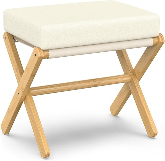 BAMBOOHOMIE Foldable Foot Stool Ottoman, Modern Foot Rest with Bamboo X Legs & Thick Foam Cushion, Folding Foot Stools Small Padded for Bedroom Living Room, Footstool for Chair Couch (Natural - Beige)
