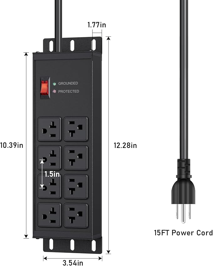 JUNNUJ Heavy Duty Surge Protector Power Strip 4800J, Garage Metal 8 Outlets 20 Amp 12 Gauge, High Amp 5-15P Adapter Shop 6-20R T-Slot Industrial Outlet, 15 FT Extension Cord Commercial for Appliance