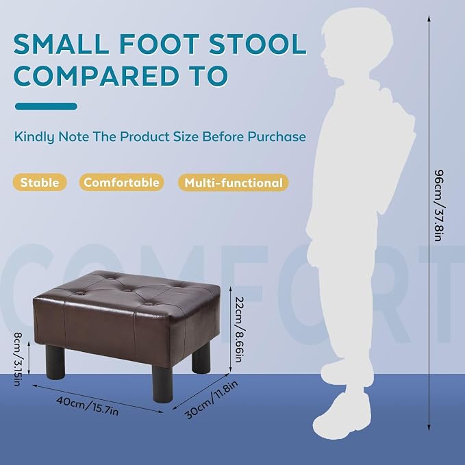 Small Foot Stool Ottoman, Faux Leather Footstool Ottoman Foot Rest for Couch, Rectangle Footstools and Ottomans Small for Living Room, Entryway and Bedroom (Brown)