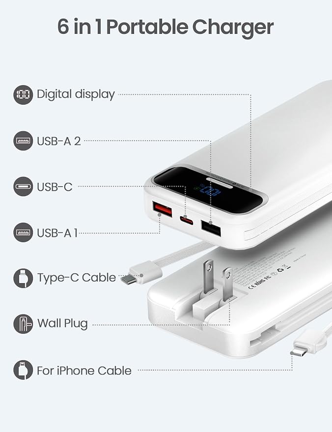 12000mAh Lightweight-Portable-Charger-Power-Bank with Built-in Cables and AC Wall Plug, PD20W USB-C Fast Charging Battery Pack, LED Display External Travel Phone Charger for All iPhone,Samsung,Android