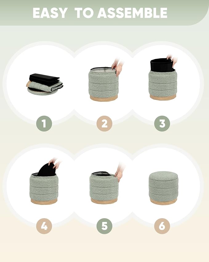 B FSOBEIIALEO Round Storage Ottoman with Tray, Folding Ottoman with Storage Coffee Table Foot Rest for Dorm Room Living Room Chenille Fabric,Sage Green,15.35"x15.35"x14.57"