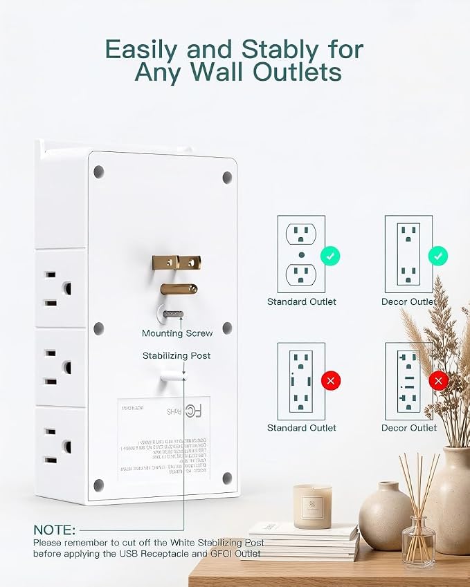 Addtam Multi Plug Wall Outlet, Surge Protector Wall Mount with 12 Outlet Extender 4 Sides and 3 USB Ports (PD 20W), Outlet Splitter Power Strip for Home Office Dorm Room Essentials, White