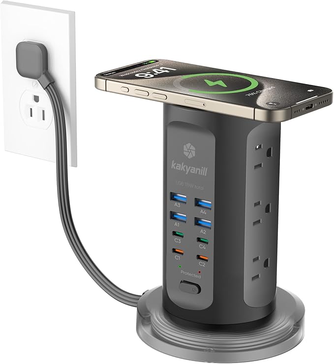 Power Strip Tower, PD 65W USB Charging Tower, kakyanill Surge Protector Tower 9 AC Outlets 8 USB (4 USB C), 6 Ft Retractable Extension Cord, Charging Station for Office Dorm Room, Black