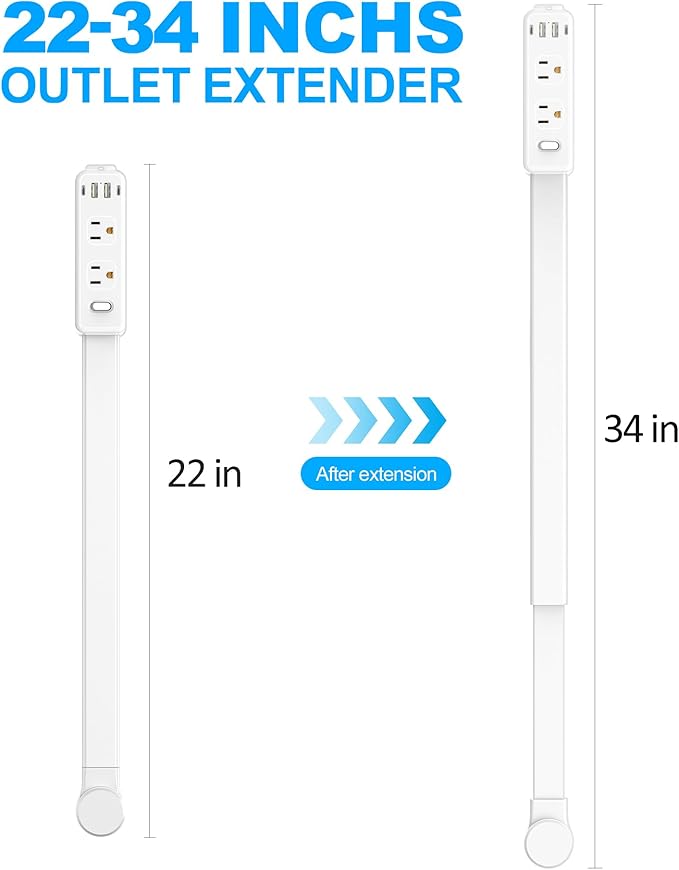 Olcorife Outlet Extender Stick, Power Strip with 6 Outlets & 4 USB Ports, Extends 22"-34", Rotates 180°(90° per Side), Home Dorm Essential for Nightstand, Couch and Desk (Pack of 2)