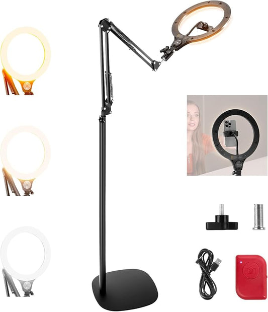 NEEWER Entry Level Version 10" 10W Ring Light with 46"-63" Stand, Overhead Phone Holder Mount Compatible with iPhone, Bi Color LED Selfie Lighting CRI85+ for TikTok Video Recording Streaming, N44