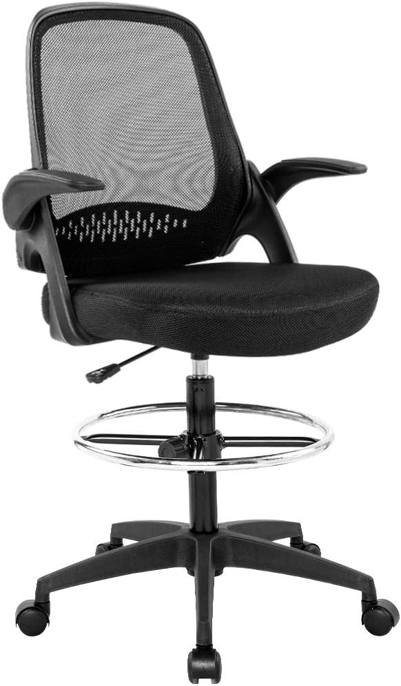 BestOffice Drafting Chair Tall Office Chair Standing Desk Chair Mesh Computer Chair Adjustable Height with Lumbar Support Flip Up Arms Swivel Rolling Executive Chair,Black