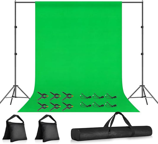 10×7FT Adjustable Green Screen Backdrop Stand Kit, 6×9FT Greenscreen Background with Photography Stand, 6 Clamps and Carrying Bag for Photo Shoot, Video Recording, Streaming, Decoration