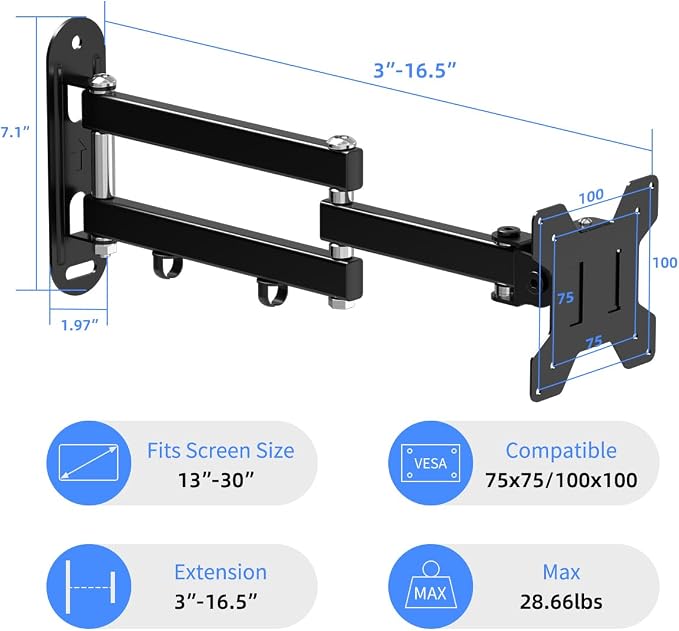 suptek TV Wall Mount Bracket Monitor arm TV Wall Mount Bracket Display arm Monitor Mount for 13-30" Adjustable up/Down, Left/Right Angle, 28.66lbs Load Capacity VESA75-100mm MA2776