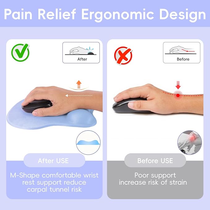 Mouse Pad with Wrist Rest Ergonomic Mouse Pad with Comfortable M-Shape Pain Relief Wrist Support Non-Slip PU Base Mousepad for Laptop, Office & Home (Light Blue Purple)